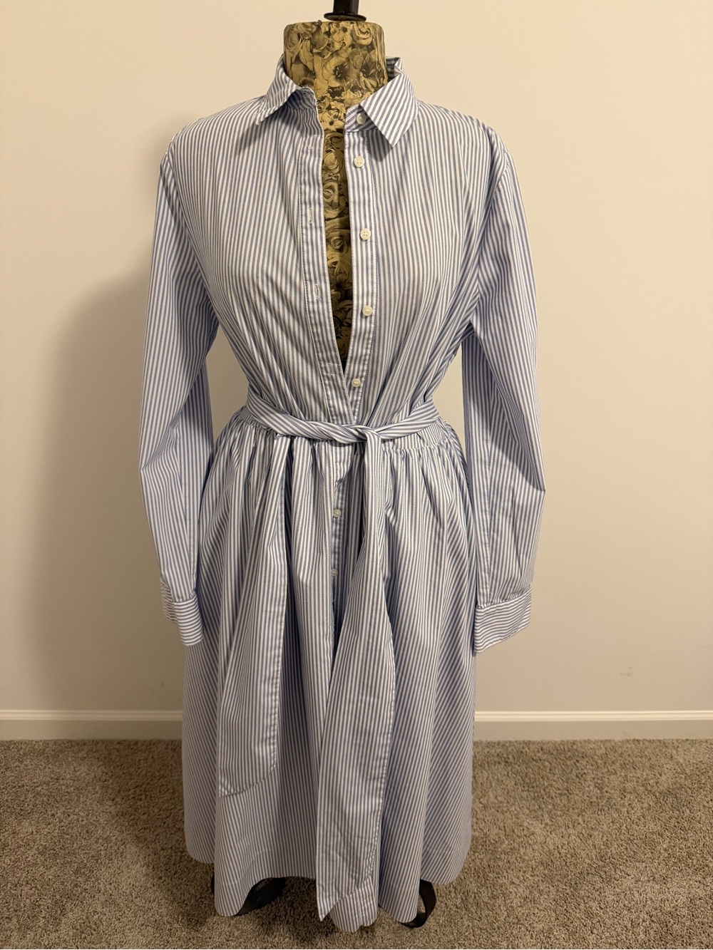 1901 Blue and White Striped Long Sleeve Shirt Dress with Waist Tie